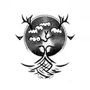 Yggdrasil tree with nordic dragon flying above and nordic wolf howling below and laurel wrapping around the tree tattoo design idea