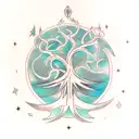 Yggdrasil tree with nordic dragon flying above and nordic wolf howling below and laurel wrapping around the tree tattoo design idea
