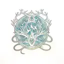 Yggdrasil tree with nordic dragon flying above and nordic wolf howling below and laurel wrapping around the tree tattoo design idea