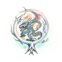 Yggdrasil tree with nordic dragon flying above and nordic wolf howling below and laurel wrapping around the tree tattoo design idea