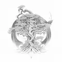 Yggdrasil tree with nordic dragon flying above and nordic wolf howling below and laurel wrapping around the tree tattoo design idea