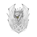 Yggdrasil tree with nordic dragon flying above and nordic wolf howling below and laurel wrapping around the tree tattoo design idea