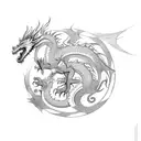 Yggdrasil tree with nordic dragon flying above and nordic wolf howling below and laurel wrapping around the tree tattoo design idea