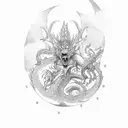 Yggdrasil tree with nordic dragon flying above and nordic wolf howling below and laurel wrapping around the tree tattoo design idea