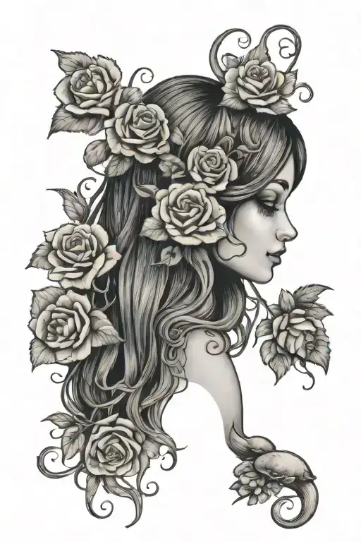 Roses, mushrooms, oregon grape vines fairy peeking, feminine tattoo design idea