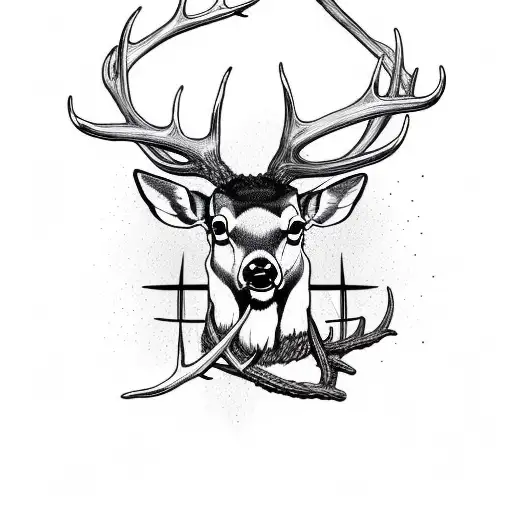 A cross made out of intertwining antlers, with a deer silhouette in the background, combining your love for hunting and faith tattoo design idea