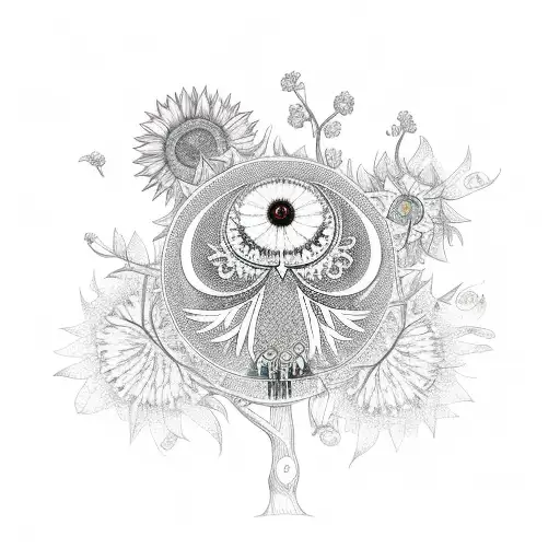 Tree of life with owl on a branch, looking at 3 flowers. a sunflower, a marigold and a light blue flower tattoo design idea