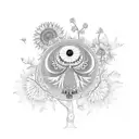 Tree of life with owl on a branch, looking at 3 flowers. a sunflower, a marigold and a light blue flower tattoo design idea