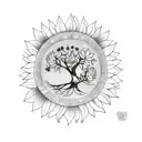Tree of life with owl on a branch, looking at 3 flowers. a sunflower, a marigold and a light blue flower tattoo design idea