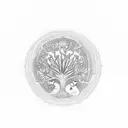 Tree of life with owl on a branch, looking at 3 flowers. a sunflower, a marigold and a light blue flower tattoo design idea