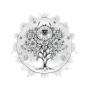 Tree of life with owl on a branch, looking at 3 flowers. a sunflower, a marigold and a light blue flower tattoo design idea