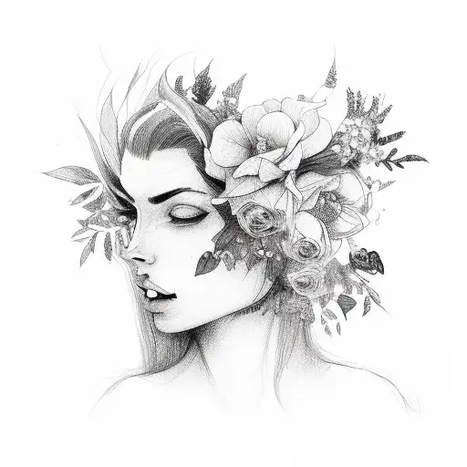 a woman with flowers coming out of the half of her head tattoo design idea