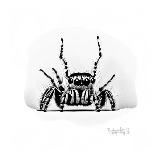 A cute jumping spider sitting on a red mushroom raising its little leg like it's waving tattoo design idea