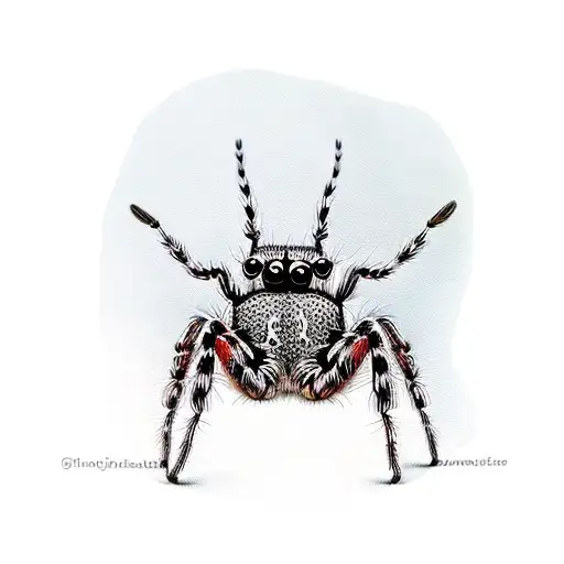 A cute jumping spider sitting on a red mushroom raising its little leg like it's waving tattoo design idea
