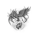 Flaming phoenix rising from a historical monument tattoo design idea