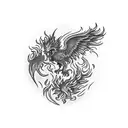 Flaming phoenix rising from a historical monument tattoo design idea
