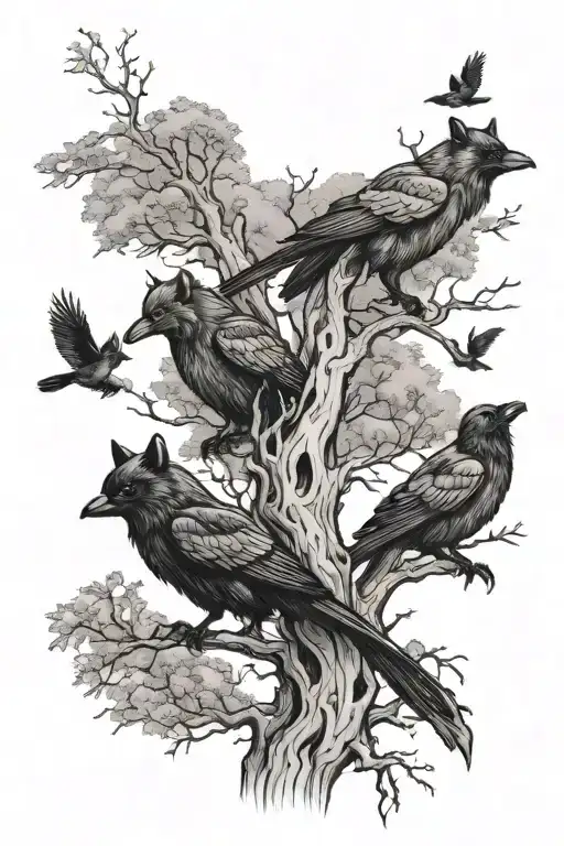 tree with two ravens two wolves and one squirrel  tattoo design idea
