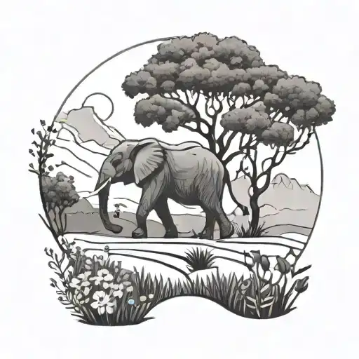 A minimalist tattoo of an elephant and giraffe walking together through a field of mountain flowers, representing the beauty of nature and family tattoo design idea