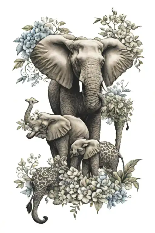 An intricate design of an elephant and giraffe intertwined with mountain flowers, symbolizing the bond between a mother and her twin girls tattoo design idea