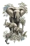 An intricate design of an elephant and giraffe intertwined with mountain flowers, symbolizing the bond between a mother and her twin girls tattoo design idea
