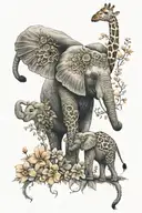 An intricate design of an elephant and giraffe intertwined with mountain flowers, symbolizing the bond between a mother and her twin girls tattoo design idea