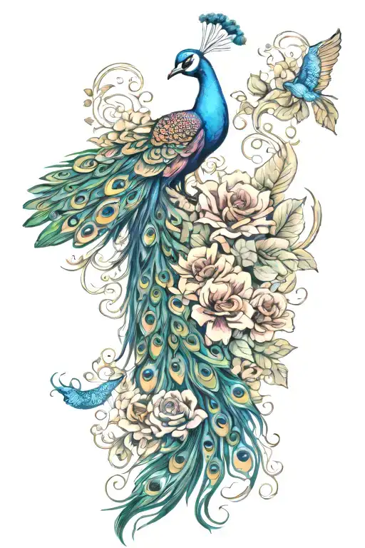 peacock and flowers transforming   tattoo design idea