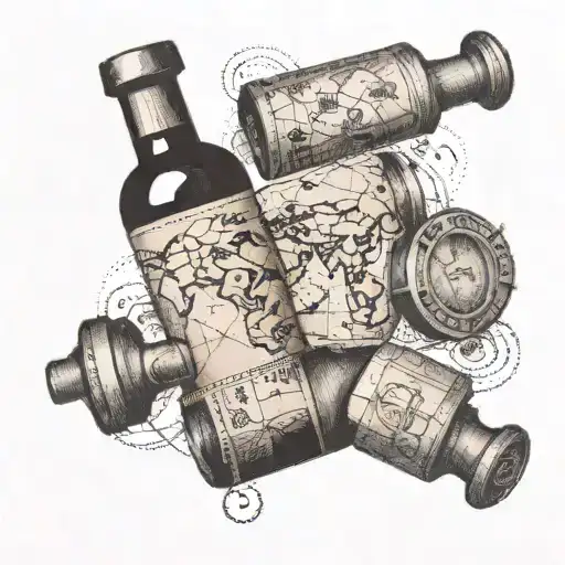 A detailed map of the world with a gym dumbbell and a wine bottle intertwined, representing the client's passion for fitness, travel, and wine tattoo design idea