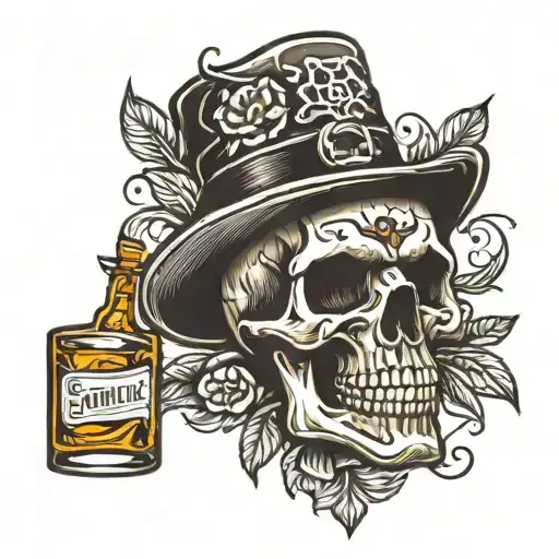 skull and whiskey bottle tattoo design idea