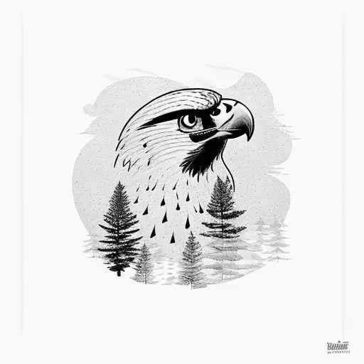 side profile of falcon infused with pine trees silhouettes tattoo design idea