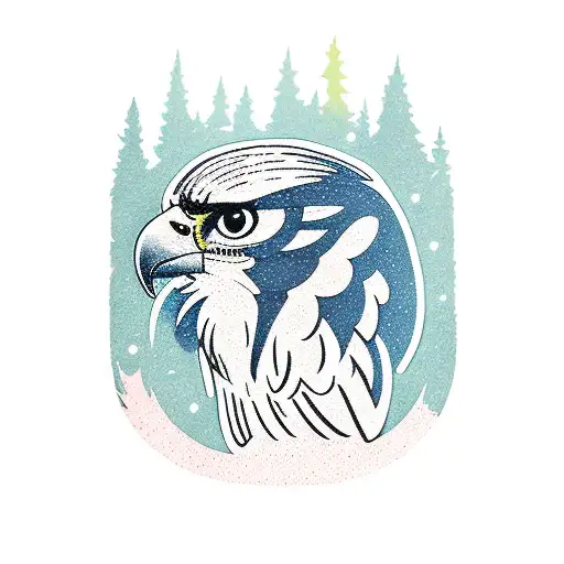 side profile of falcon infused with pine trees silhouettes tattoo design idea