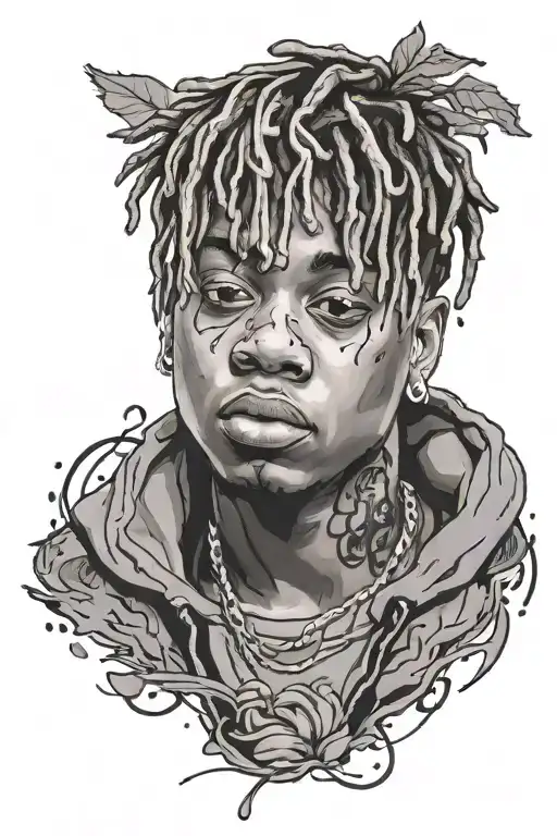 How about a tattoo design featuring Juice WRLD's portrait in grayscale, with musical notes swirling around him, and his  tattoo design idea