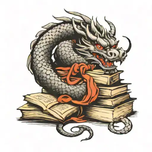 A traditional Japanese dragon wrapped around a stack of Harry Potter books tattoo design idea