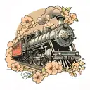 A new-school design of a Hogwarts Express train with Japanese cherry blossoms tattoo design idea
