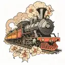A new-school design of a Hogwarts Express train with Japanese cherry blossoms tattoo design idea