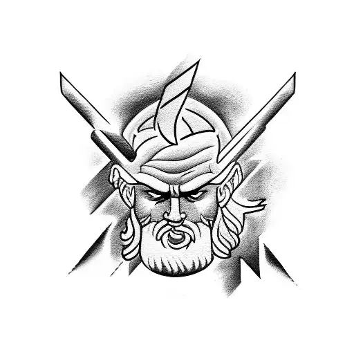 A tattoo design featuring a powerful image of Zeus holding a lightning bolt, symbolizing strength and power, in a blackwork style tattoo design idea