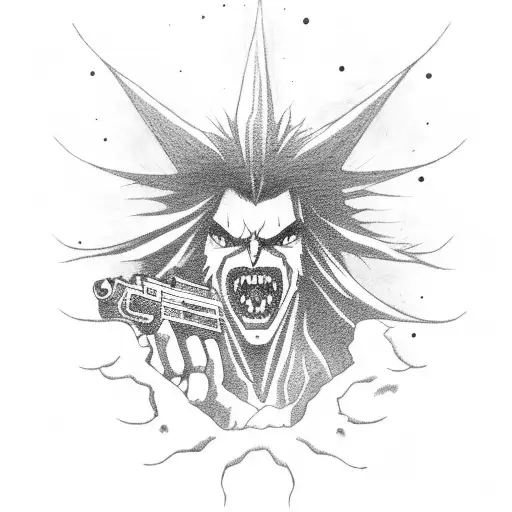 A horror movie scene with Alucard from Hellsing holding a gun in a dark forest tattoo design idea