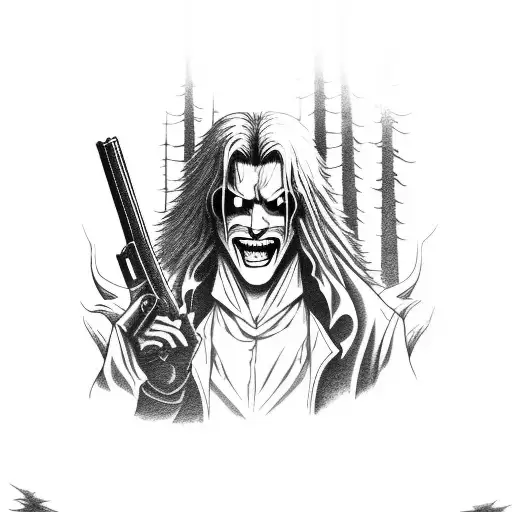 A horror movie scene with Alucard from Hellsing holding a gun in a dark forest tattoo design idea