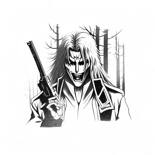 A horror movie scene with Alucard from Hellsing holding a gun in a dark forest tattoo design idea