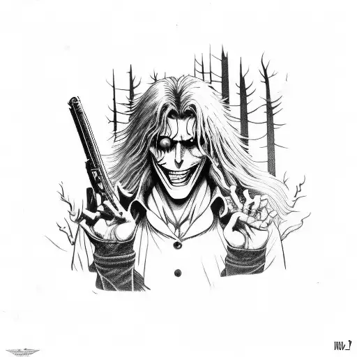 A horror movie scene with Alucard from Hellsing holding a gun in a dark forest tattoo design idea
