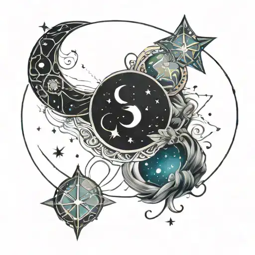 Gemini constellation, moon rising,  tattoo design idea