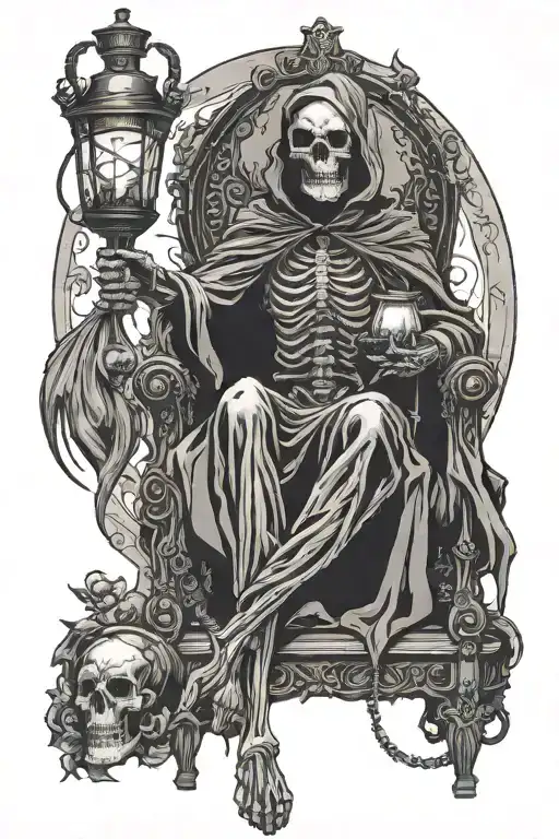 Grim Reaper with horns sitting on a throne holding a vintage lantern with skulls at his feet tattoo design idea