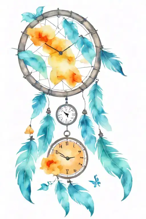 dream catcher with a clock inside. Add some geometric figures and a bit of watercolor splash tattoo design idea