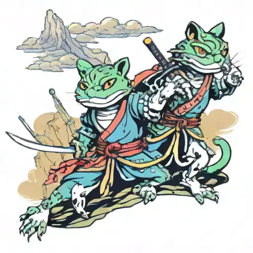 samurai frog and samurai cat fighting in castle overlooking mountains tattoo design idea
