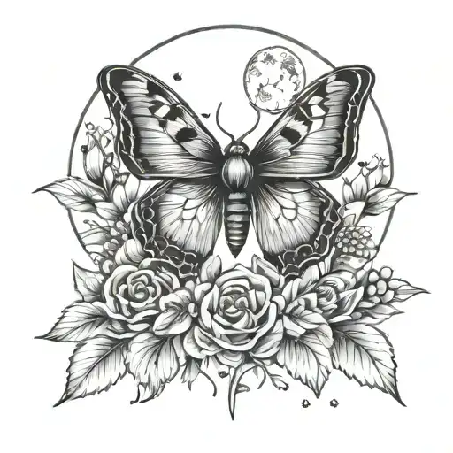 moth and flowers and moon  tattoo design idea