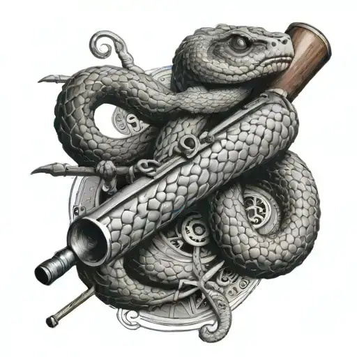 A realistic portrait of a copperhead snake wrapped around a hunting rifle, with engineering symbols subtly incorporated into the background tattoo design idea
