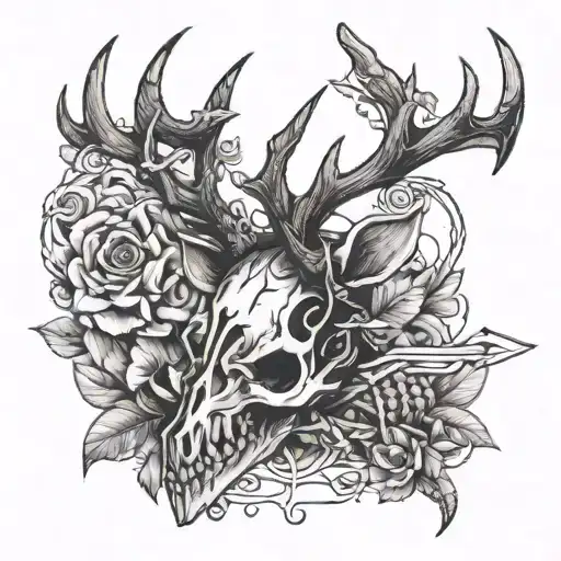 An intricate arrow design intertwined with a snake wrapping around a deer skull tattoo design idea