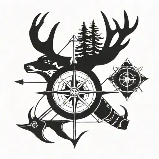 A geometric design incorporating hunting elements such as a rifle, deer antlers, and a compass tattoo design idea