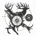 A geometric design incorporating hunting elements such as a rifle, deer antlers, and a compass tattoo design idea
