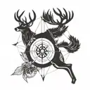A geometric design incorporating hunting elements such as a rifle, deer antlers, and a compass tattoo design idea