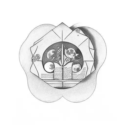 A stylized tattoo of a book with moon phases incorporated into the pages, symbolizing the client's love for reading and fascination with the moon tattoo design idea